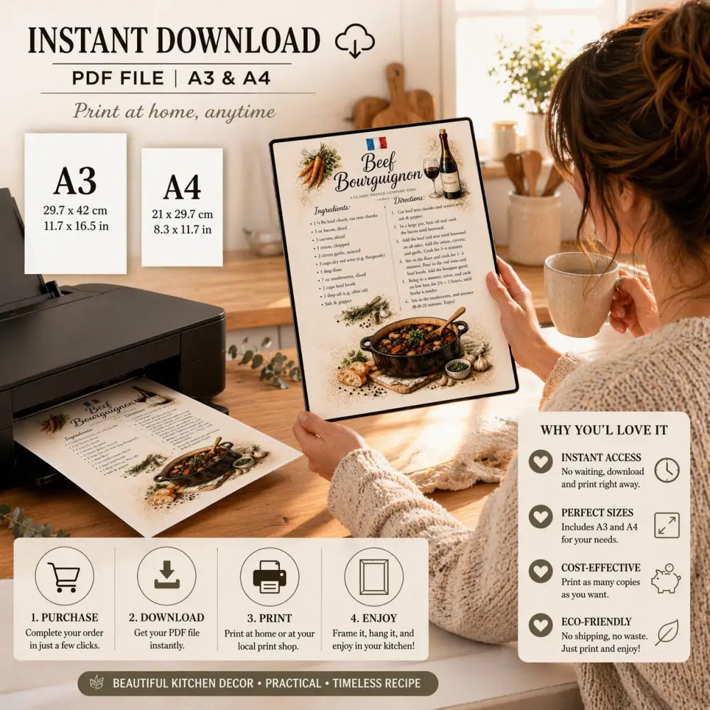 Affiche cuisine bœuf bourguignon avec recette imprimée et illustration rustique pour décoration murale cuisine française