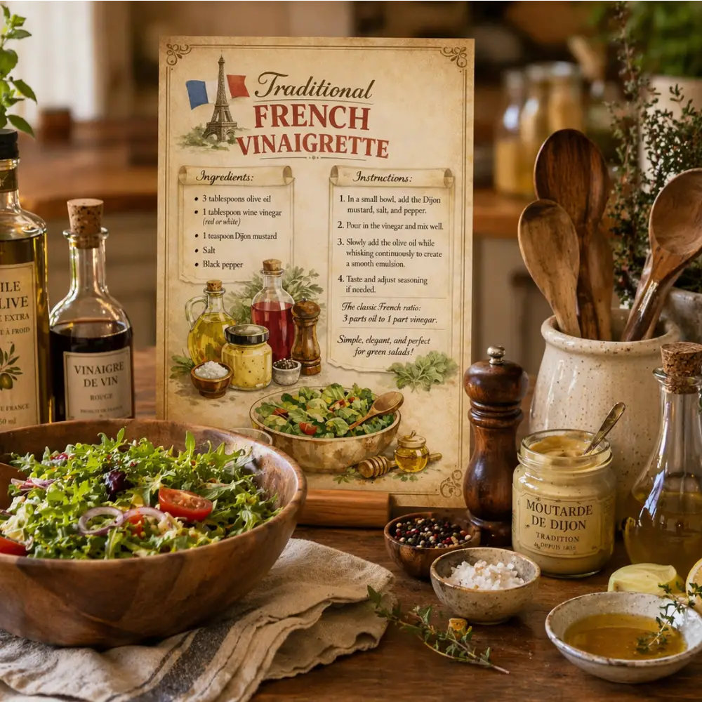 Affiche vintage français de la vinaigrette traditionnelle avec cadre en bois et salade verte garnie de tomates cerises