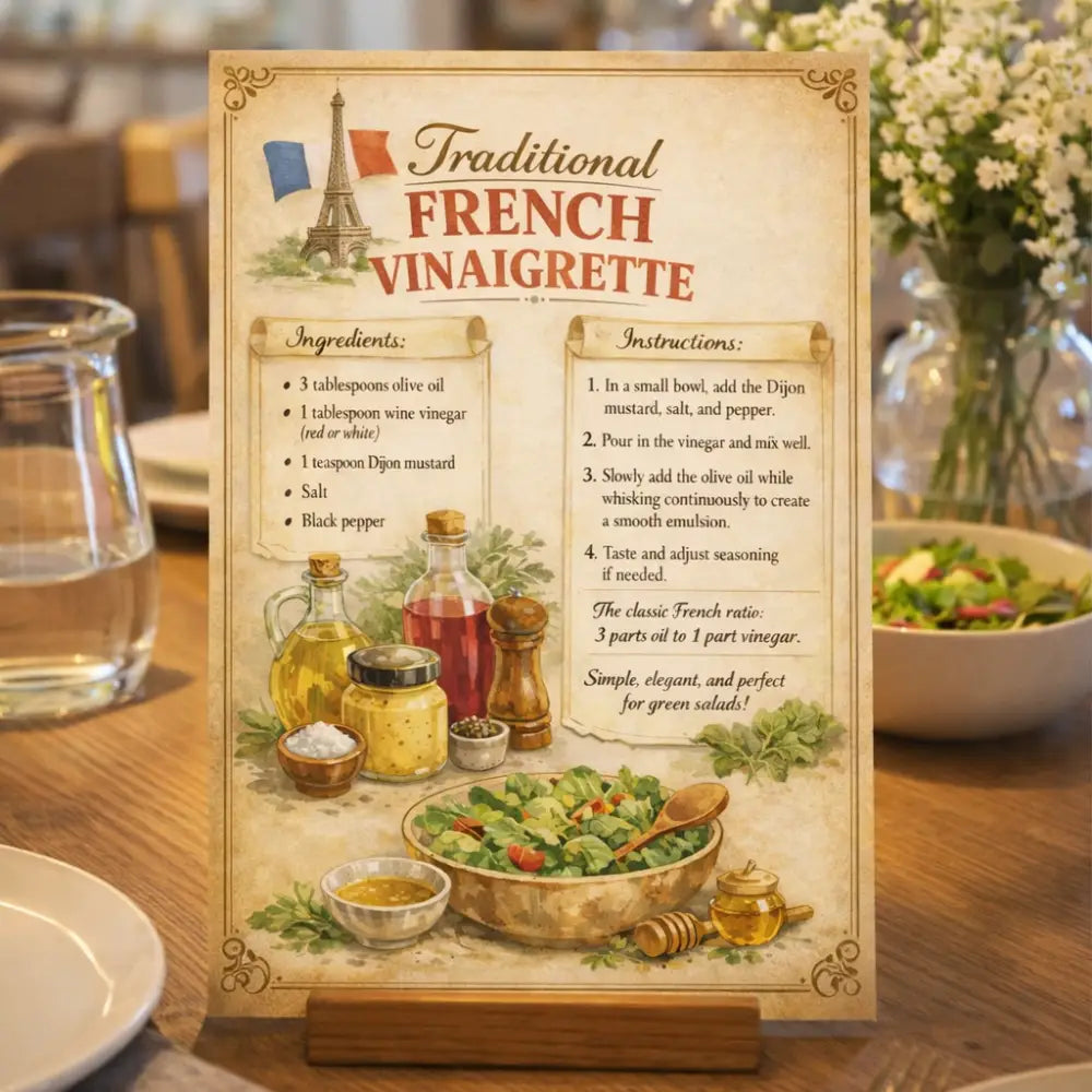 Affiche vintage français la vinaigrette traditionnelle avec illustrations huile dolive et salade 