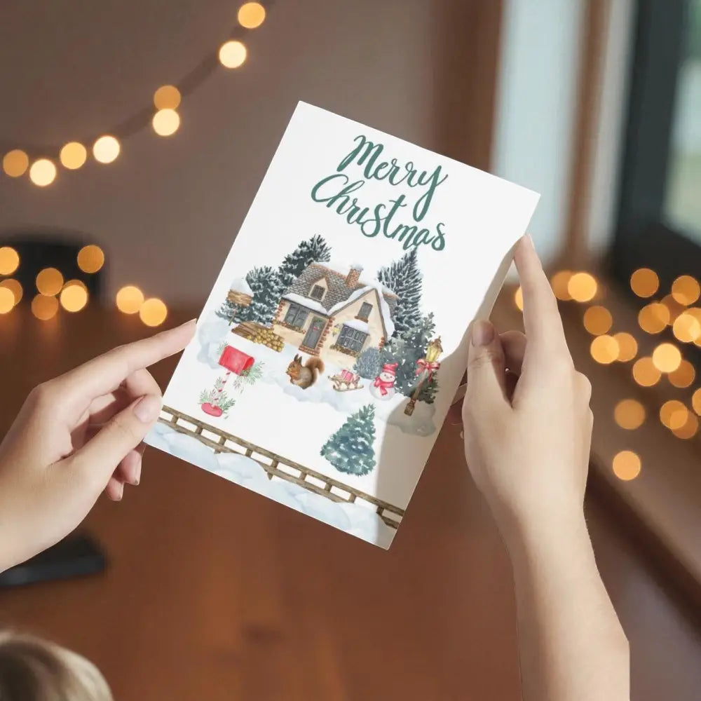 Affiche noël blanche avec illustration aquarelle d’une maison enneigée et personnages festifs idée cadeau chic moderne