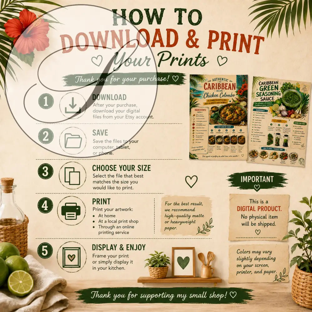 Lot de 2 affiches recettes caribéennes à imprimer avec cartes de recettes tropicales colorées et illustrations food vibrantes