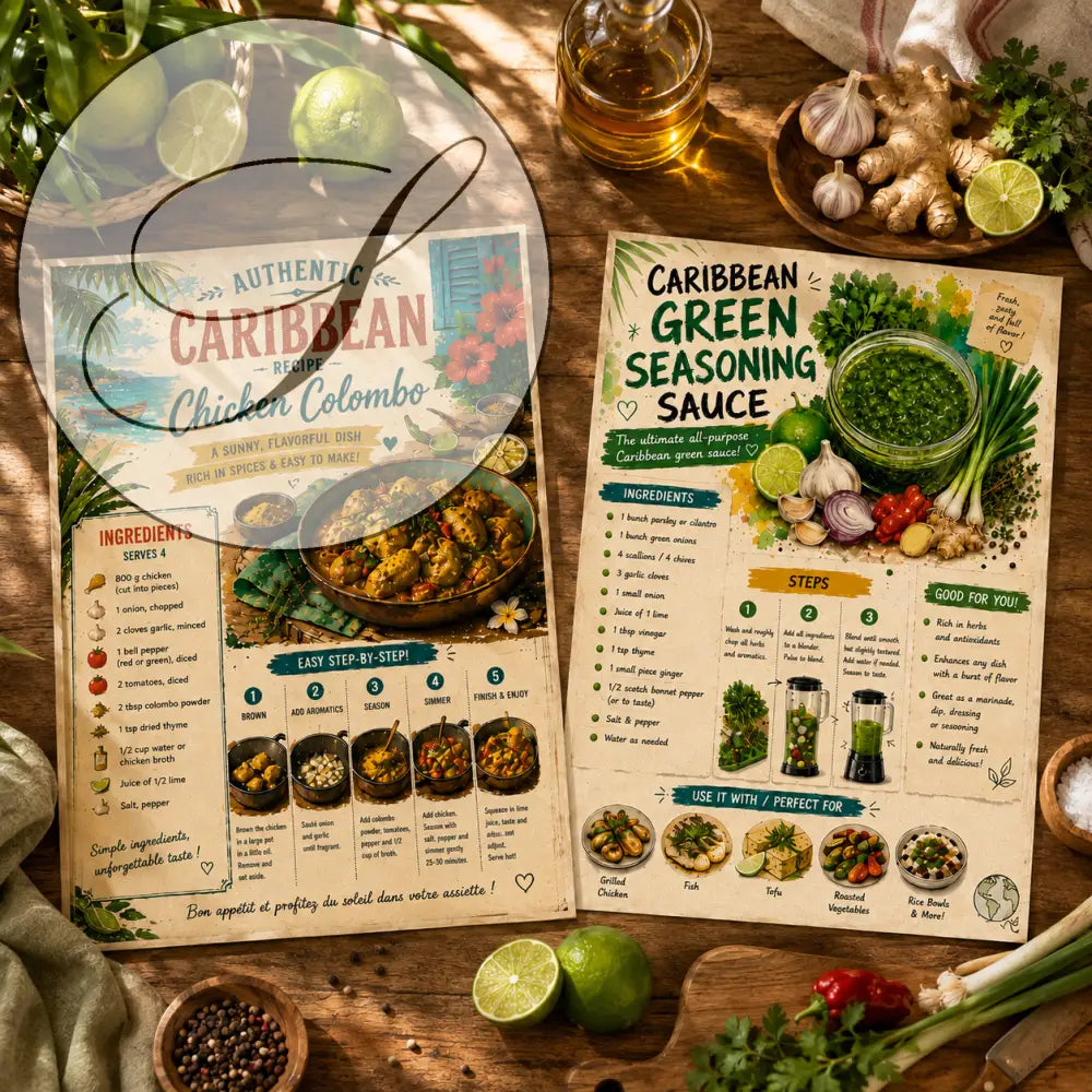 Lot de 2 affiches recettes caribéennes à imprimer avec recettes vintage de colombo de poulet et sauce green seasoning