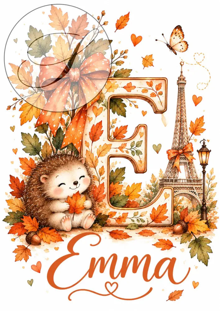 Cadeau naissance personnalisé : affiche initiale et prénom avec hérisson, feuilles d'automne et tour Eiffel