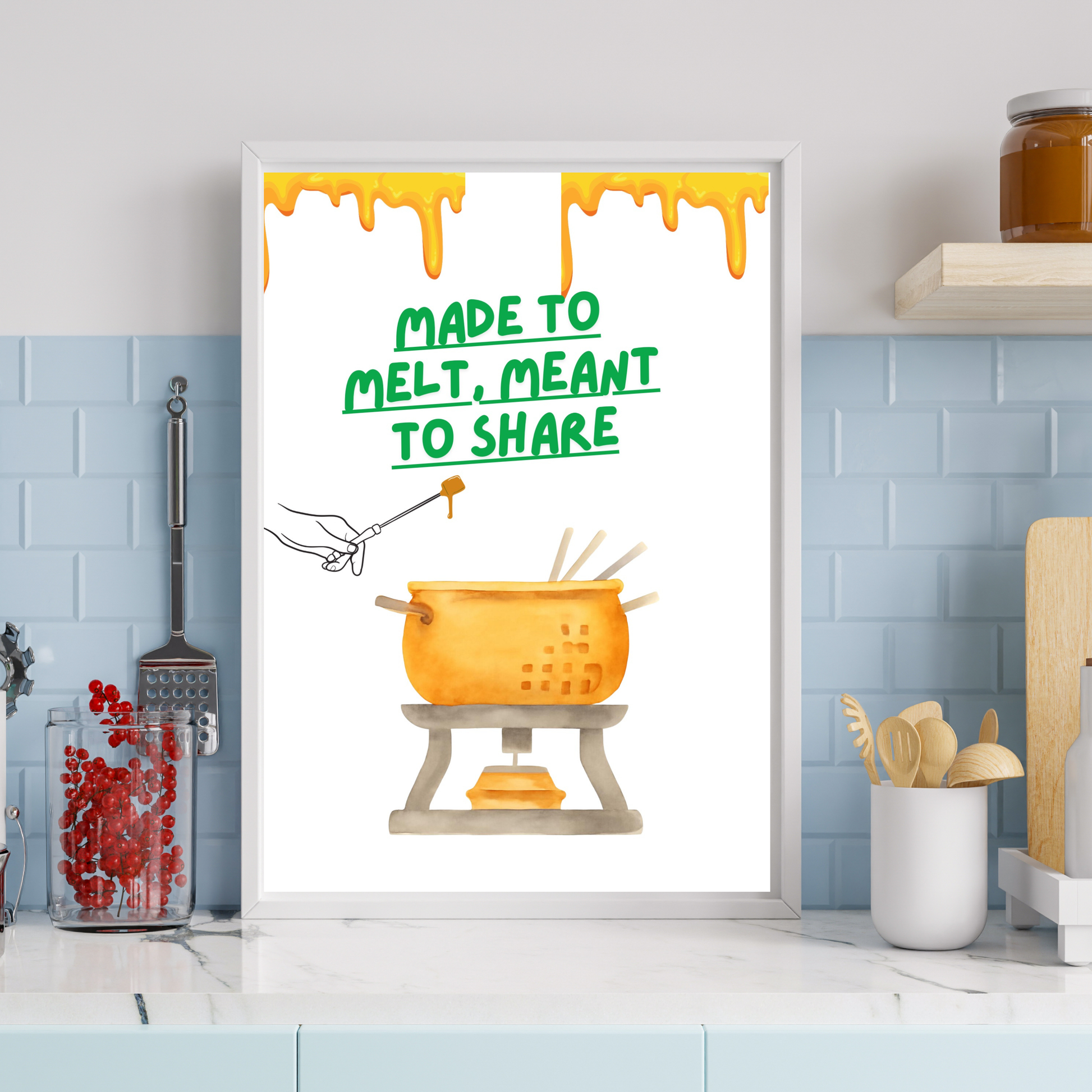 Kitchen wall art with cheese fondue illustration and cozy quote