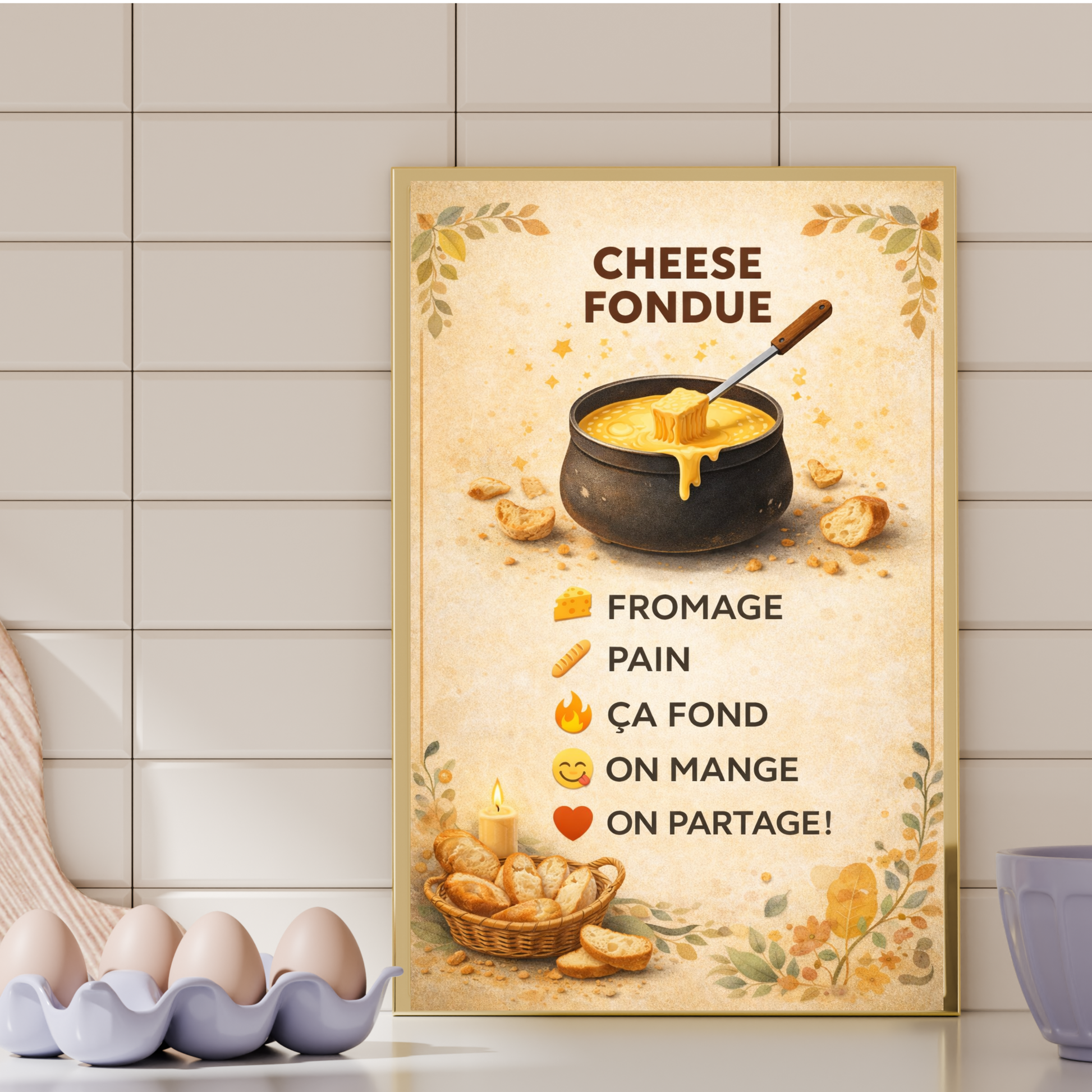 Cheese fondue wall art printable mockup in minimalist interior