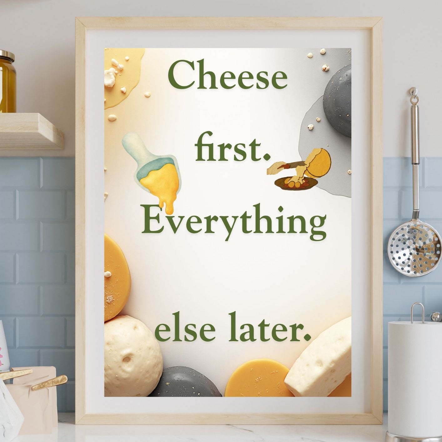 Modern cheese fondue wall art print, minimalist culinary illustration