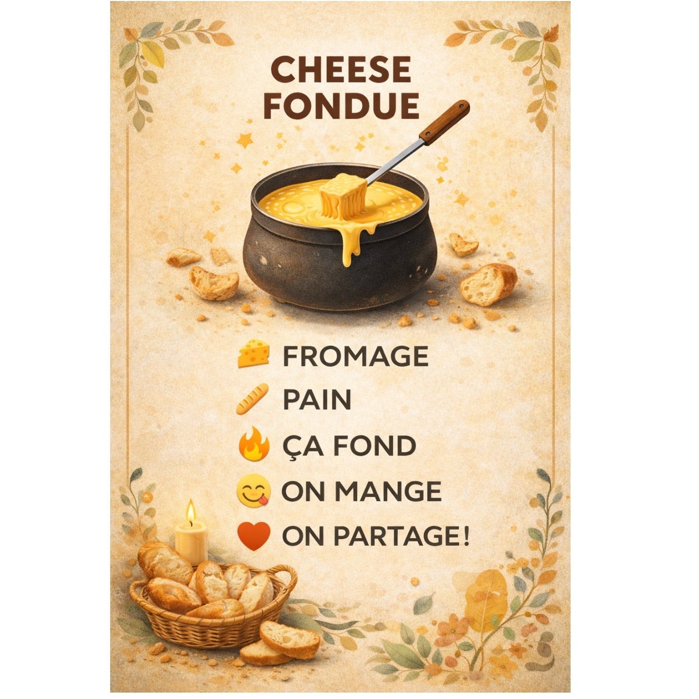 Cheese fondue wall art styled in cozy winter cafe interior