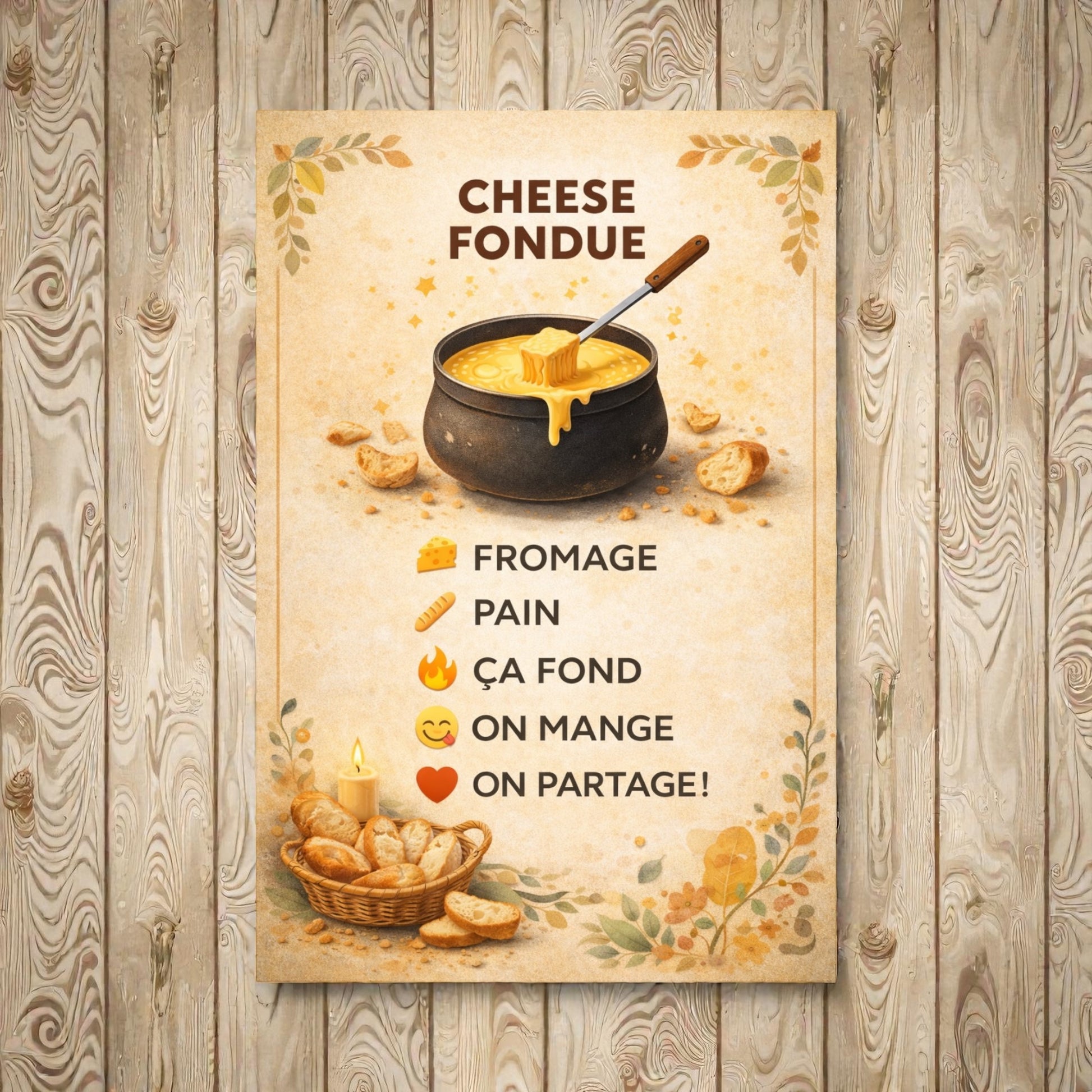 Cheese fondue winter wall art printable for cozy kitchen decor