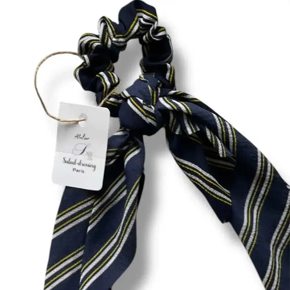 Chouchou cheveux Foulard en Gaze et Satin Bleu Rayé - Accessoire Parisien Chic - Chouchous élastiques