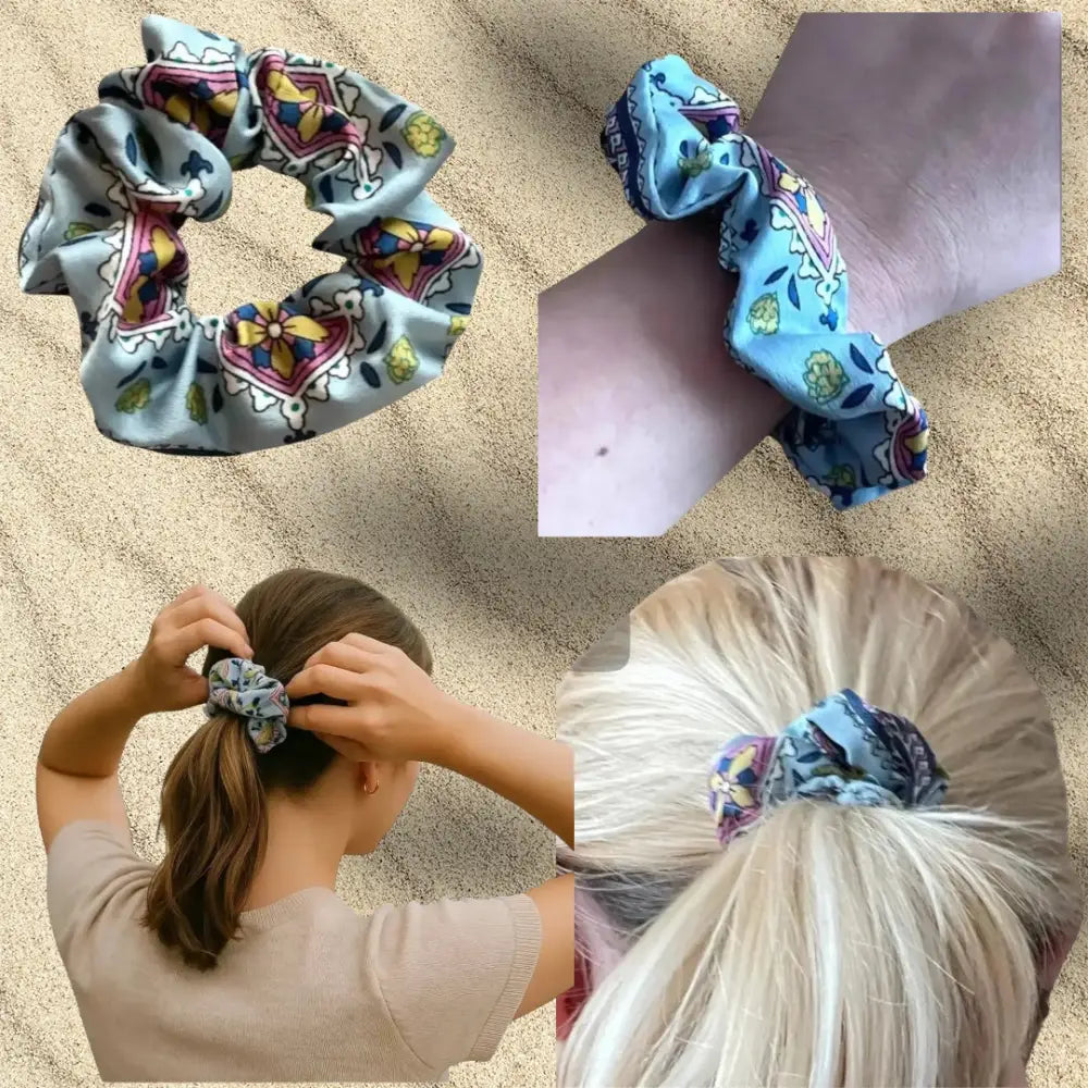 Chouchou Cheveux Satin Floral Bleu – Scrunchie Élégant Tendance 2025 - Chouchous et élastiques
