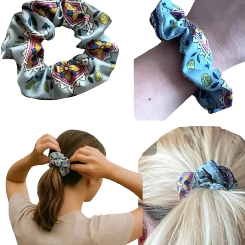 Chouchou Cheveux Satin Floral Bleu – Scrunchie Élégant Tendance 2025 - Chouchous et élastiques