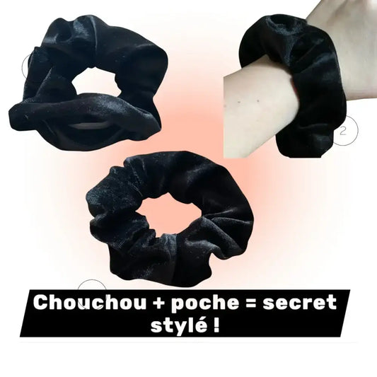 Chouchou  cheveux Noir Velours avec Poche Secrète Zippée 