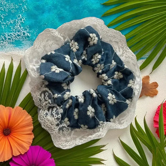 Chouchou en denim brodé – Élastique cheveux doux au style bohème - Chouchous et élastiques