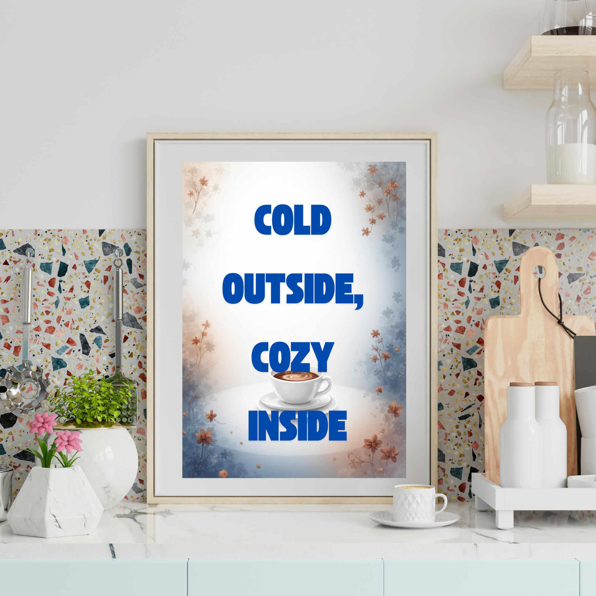 Printable coffee wall art for kitchen coffee corner with cozy winter vibe