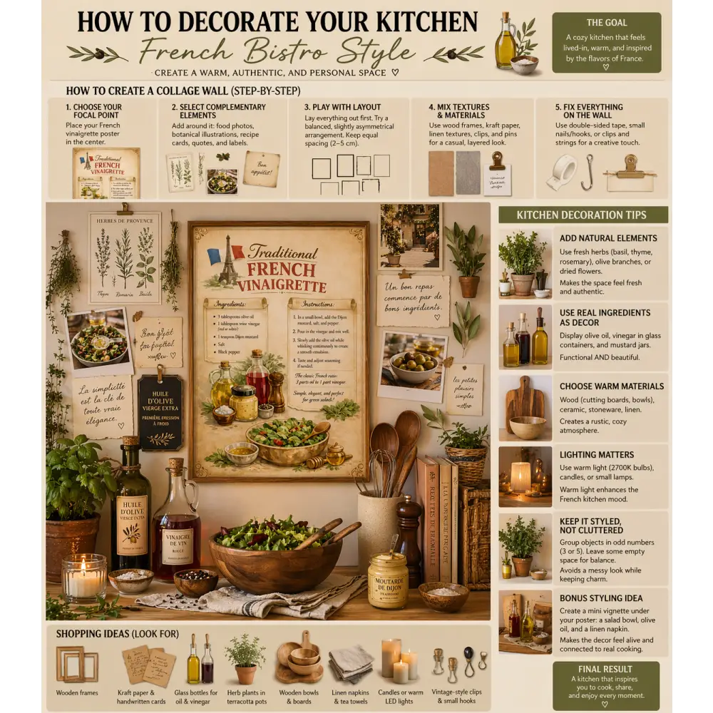 Ce poster vintage français affiche la vinaigrette française traditionnelle avec cadre en bois et décor rustique de bistrot
