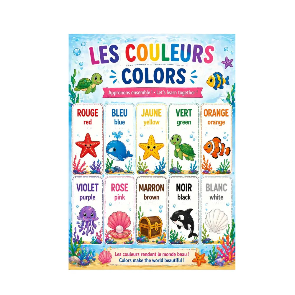 Affiche éducative enfant à imprimer avec noms français et anglais des couleurs pour cours anglais et anglais facile