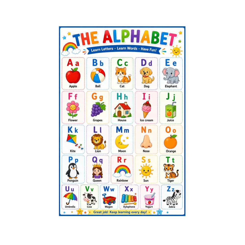 Colorée affiche éducative enfant avec alphabet majuscules et minuscules illustrées pour cours anglais facile