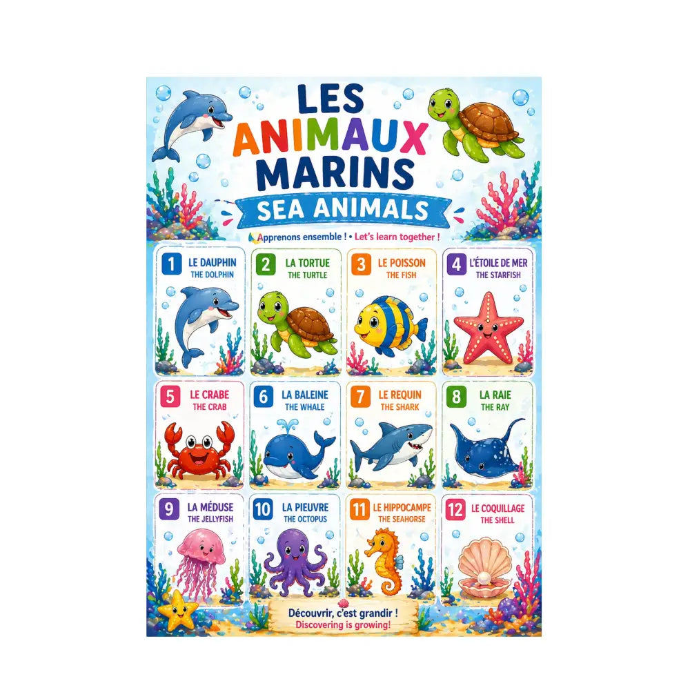 Colorful educational poster with bilingual french english sea animals for cours anglais and anglais facile pack complet d affiches éducatives enfant à imprimer