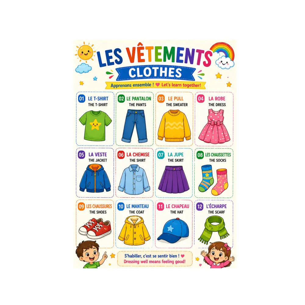 Affiche éducative enfant colorée bilingue français anglais vocabulaire vêtements pour cours anglais et anglais facile