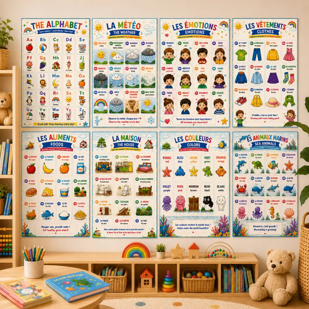 Pack complet daffiches éducatives enfant à imprimer avec alphabet couleurs émotions et animaux pour cours anglais facile