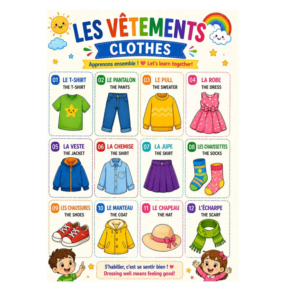 Robe rose à pois avec un noeud au col pour cours anglais et anglais facile pack complet d’affiches éducatives enfant