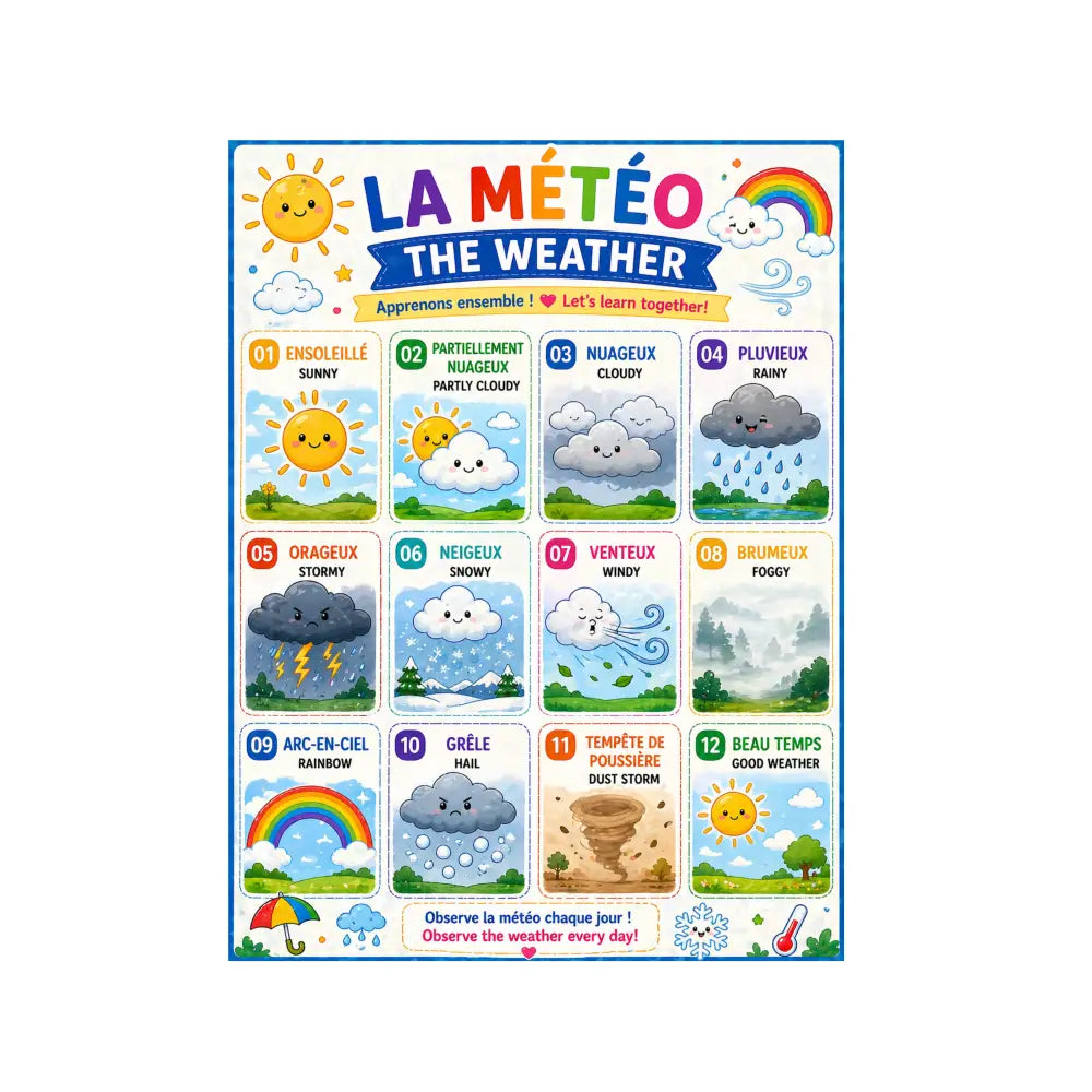 Colorful children’s weather chart with cartoon sun clouds and rain in french and english for cours anglais and anglais facile
