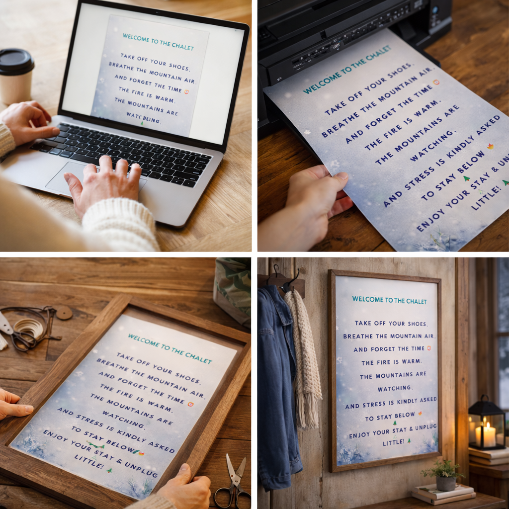 Cozy chalet printable wall decor with winter quote for cabin or lodge