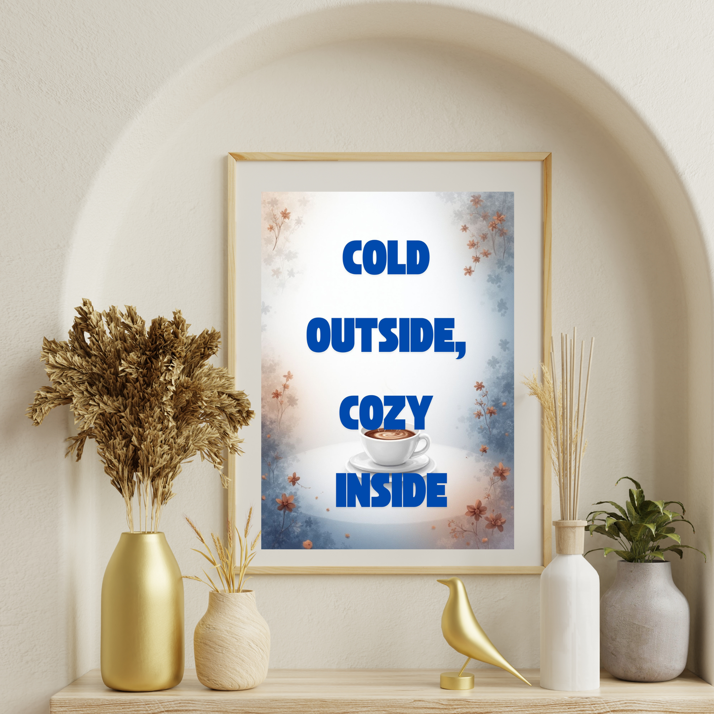 Cozy coffee wall art displayed in a warm minimalist living room decor