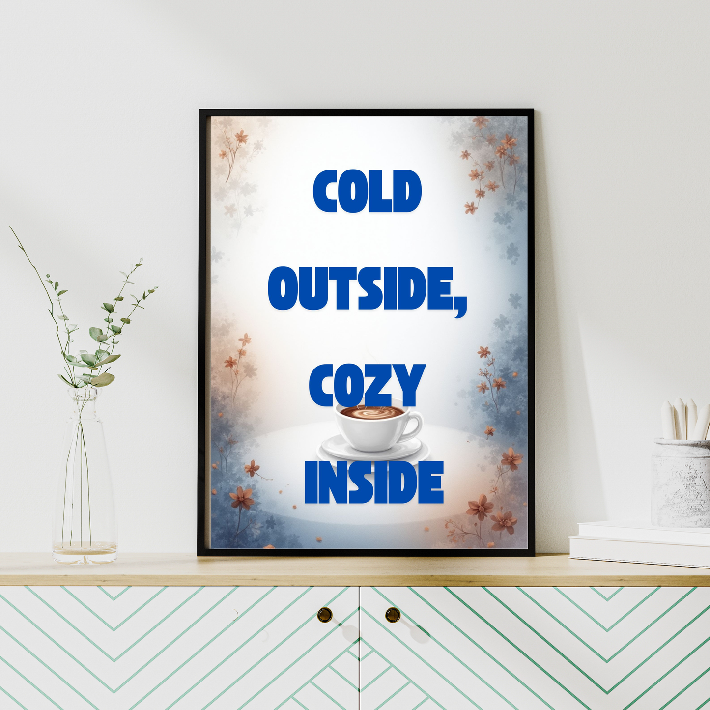 Cozy winter coffee wall art printable with minimalist design and warm aesthetic