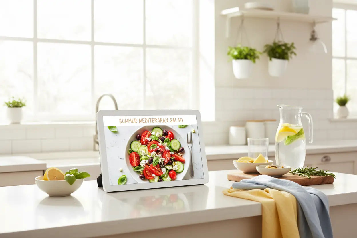 Cuisine estivale avec cadre photo numérique affichant une recette d'été