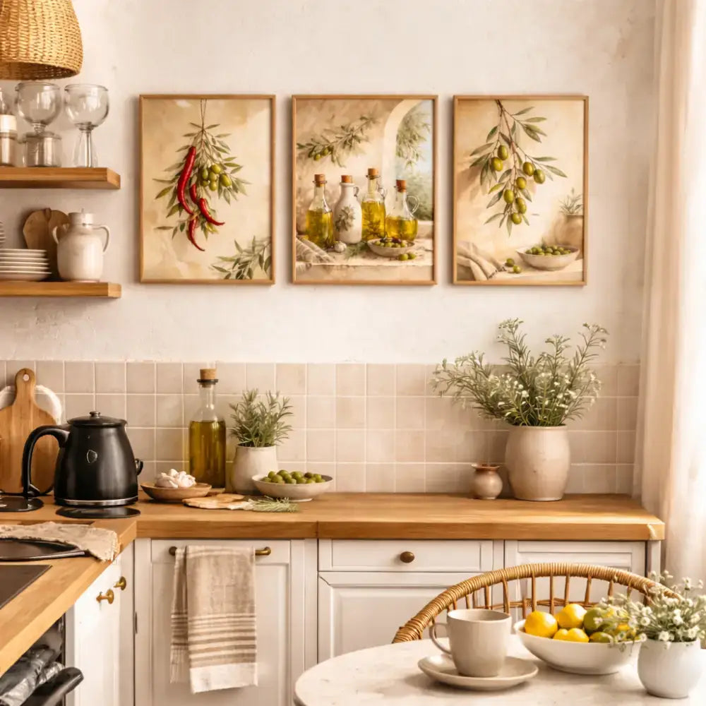 Trois affiches cuisine vintage à thème olive avec illustrations botaniques en tons terre et cadres en bois clair