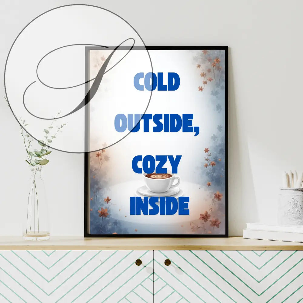 Affiche déco murale cosy hiver avec texte bleu et tasse de café blanche sur fond aquarelle doux