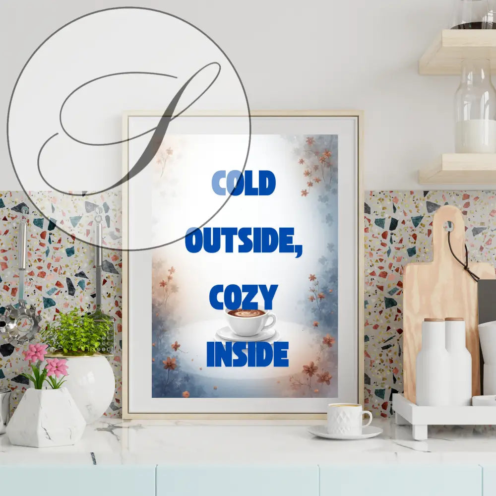 Affiche déco murale cosy avec texte bleu et illustration tasse blanche pour art mural hiver chaleureux