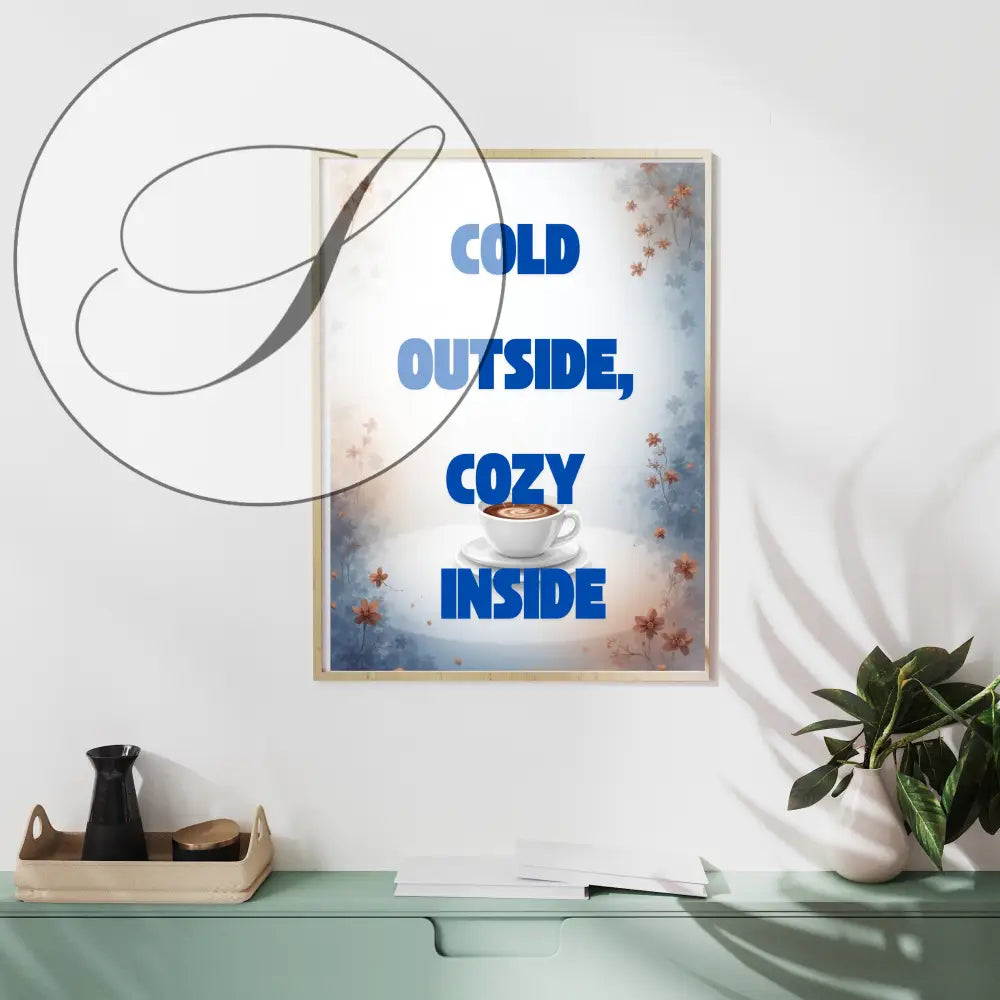 Affiche déco murale cosy hiver avec texte bleu froid dehors cosy dedans et illustration tasse de café blanche