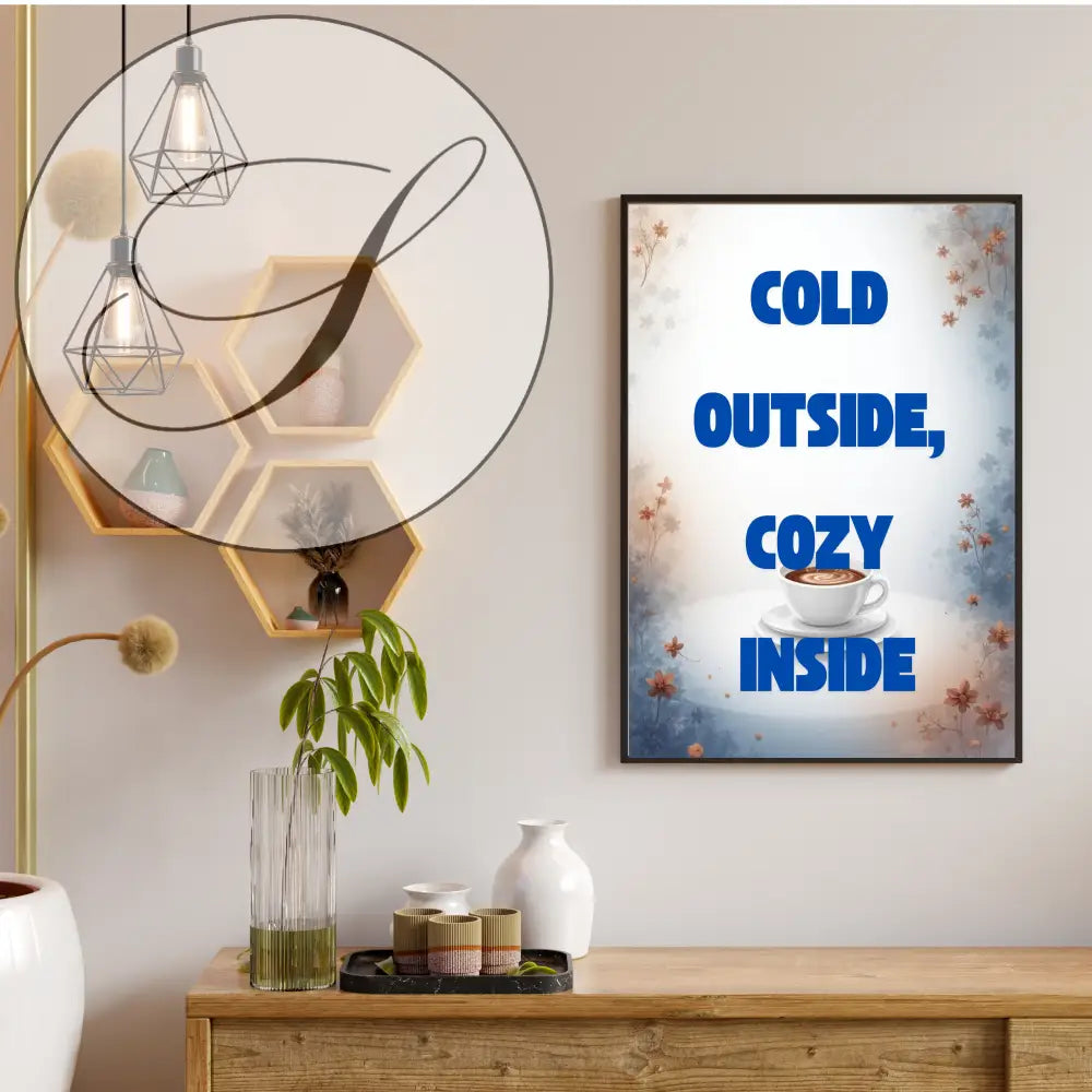Affiche déco murale cosy hiver avec texte bleu et illustration tasse de café blanche pour ambiance chaleureuse