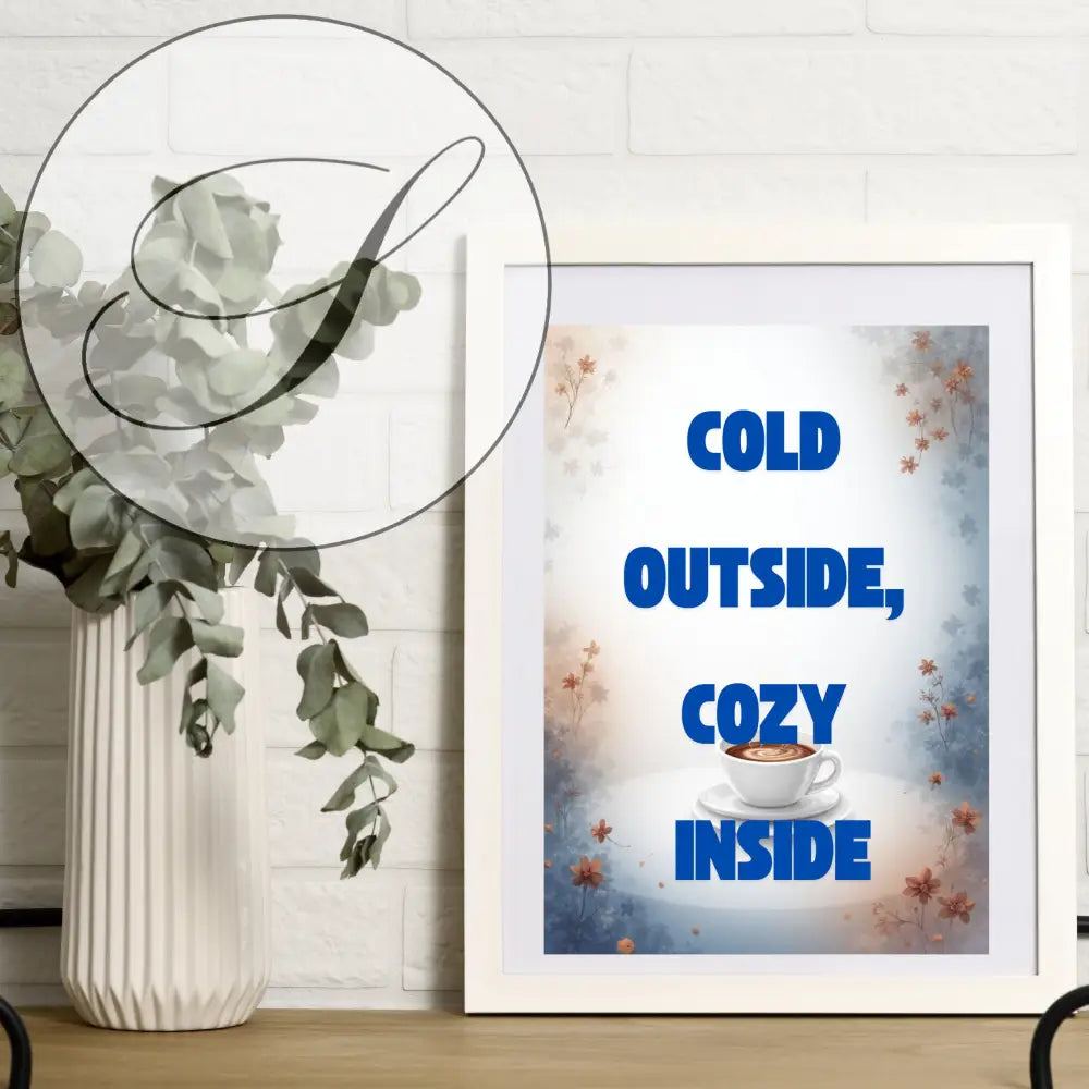 Affiche déco murale cosy avec texte bleu et tasse blanche sur fond aquarelle pour art mural hiver cosy à imprimer