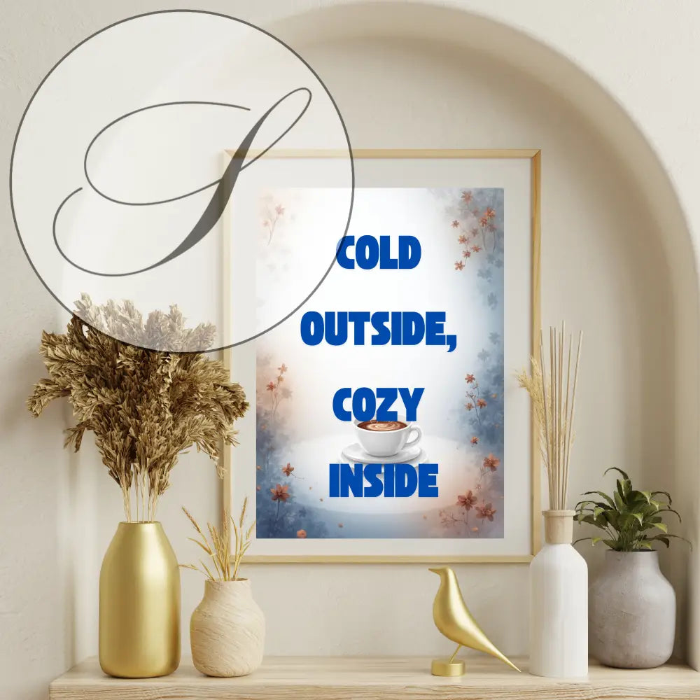 Affiche déco murale cosy avec texte bleu et illustration tasse blanche pour art mural hiver chaleureux
