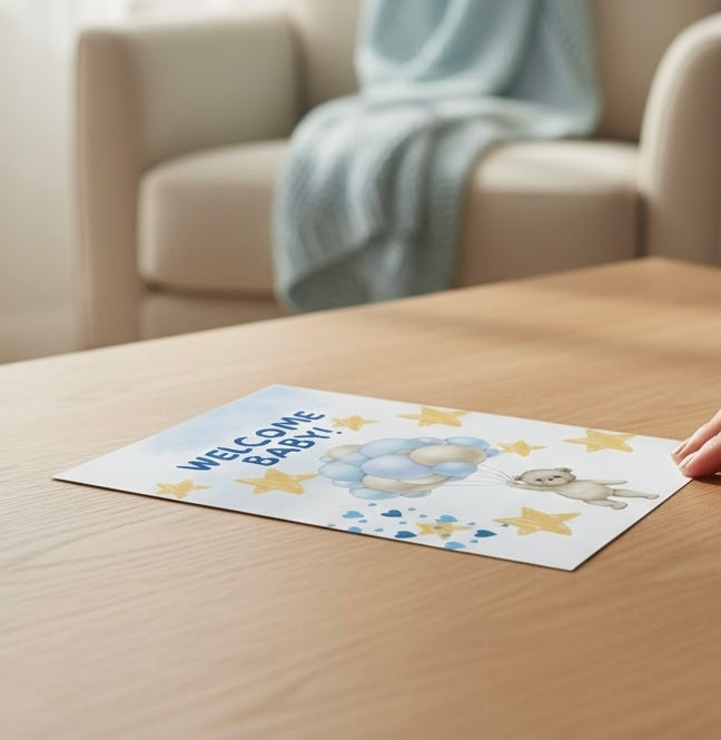 Décoration murale pour bébé, affiche Welcome Baby avec typographie soignée et design neutre pour chambre mixte.