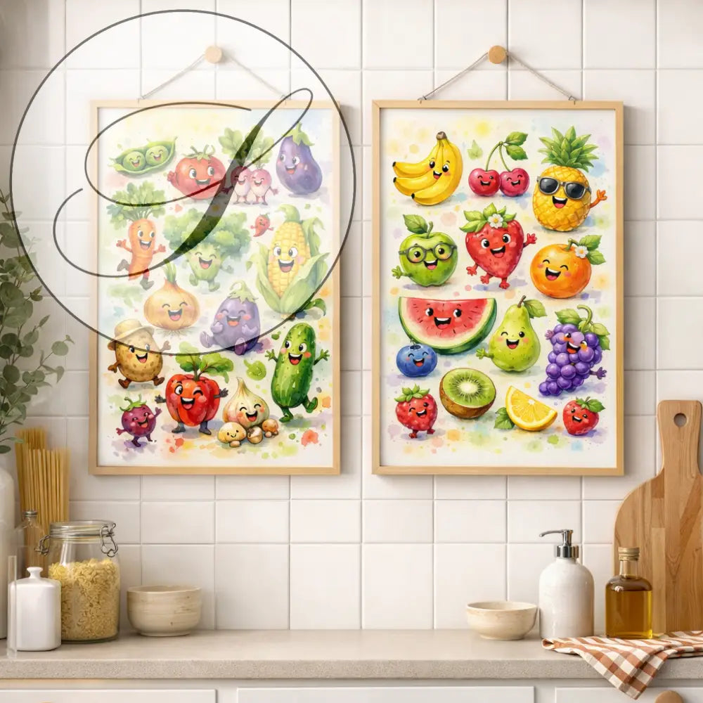Lot 2 affiches fruits et légumes aquarelle colorées avec visages joyeux pour décoration murale de cuisine atelier salad-dressing paris