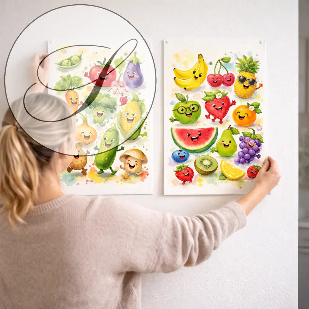 Lot 2 affiches fruits et légumes aquarelle colorées avec visages souriants pour décoration murale de cuisine atelier salad-dressing paris