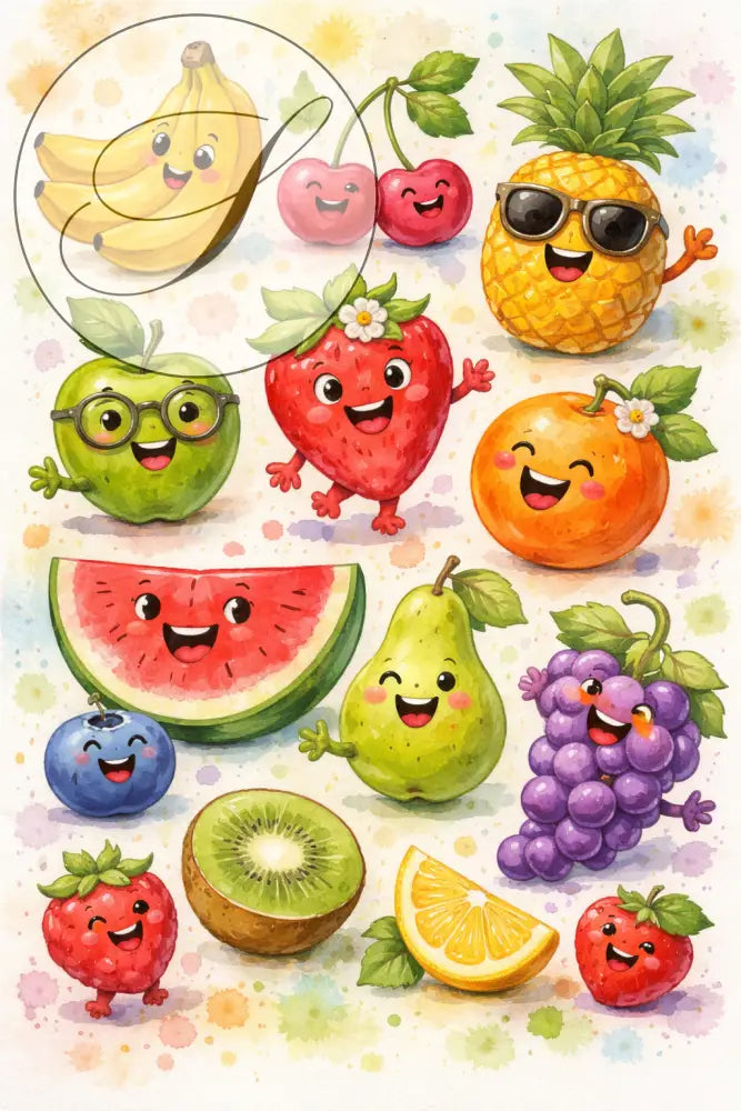 Affiche lot 2 fruits et légumes avec ananas joyeux en jaune et vert pour décoration murale de cuisine atelier salad-dressing paris