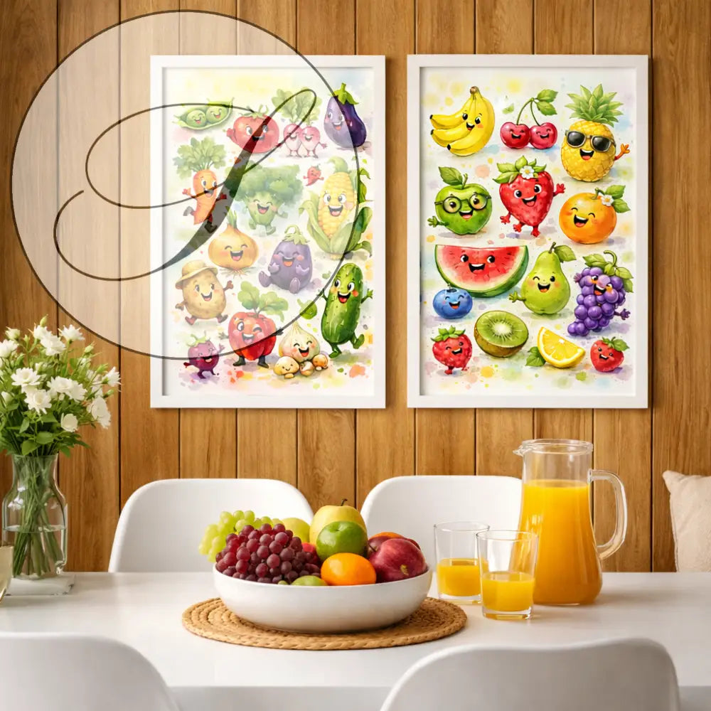 Lot 2 affiches fruits et légumes aquarelle avec bol blanc en céramique et fruits colorés pour décoration murale de cuisine atelier salad-dressing paris