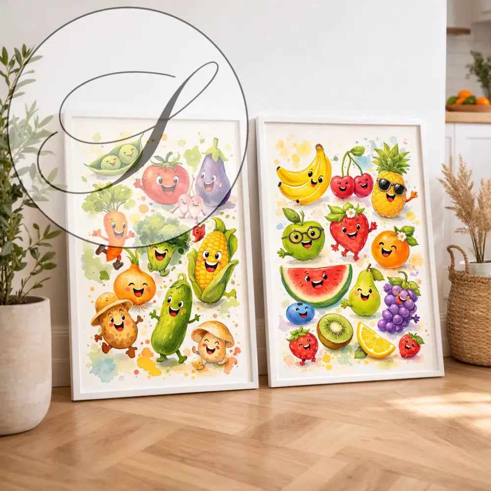 Deux affiches fruits et légumes aquarelle colorées avec visages joyeux pour décoration murale de cuisine atelier salad-dressing paris