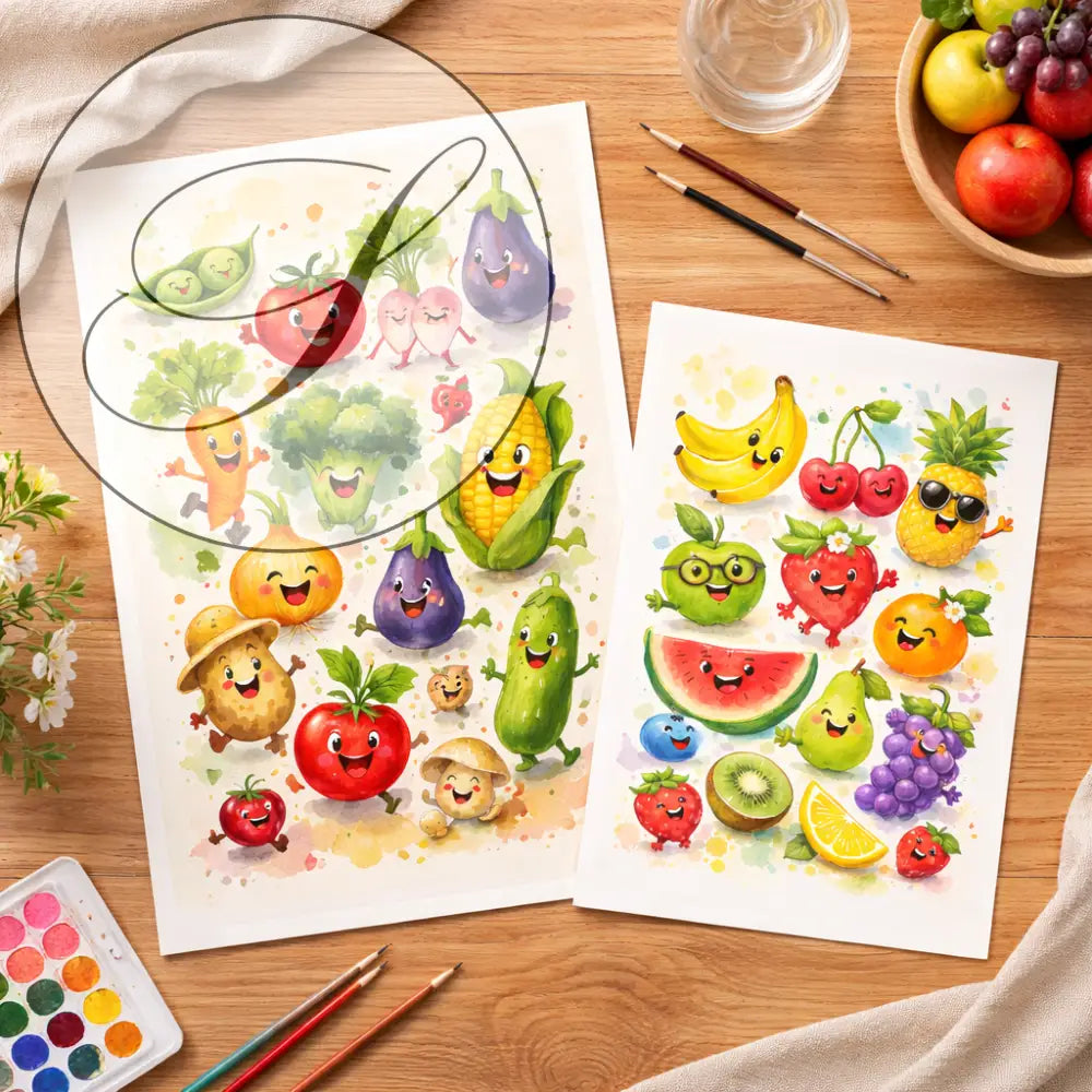 Lot de 2 affiches fruits et légumes aquarelle colorées avec décoration murale de cuisine atelier salad-dressing paris