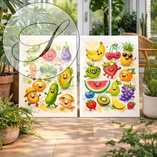 Lot 2 affiches fruits et légumes aquarelle colorées avec personnages souriants pour décoration murale de cuisine atelier salad-dressing paris