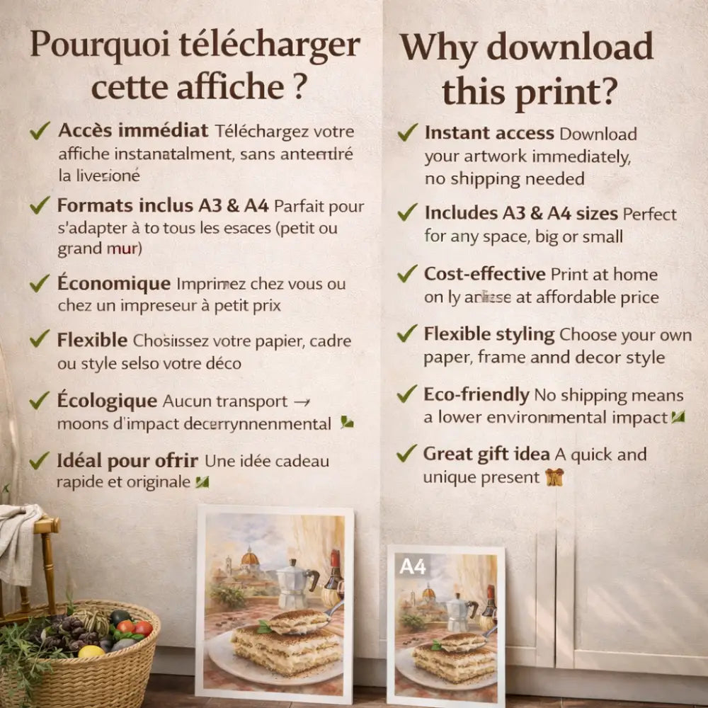 Un cadre blanc élégant avec une affiche cuisine tiramisu et moka montrant un lasagne couche au décor murale cuisine