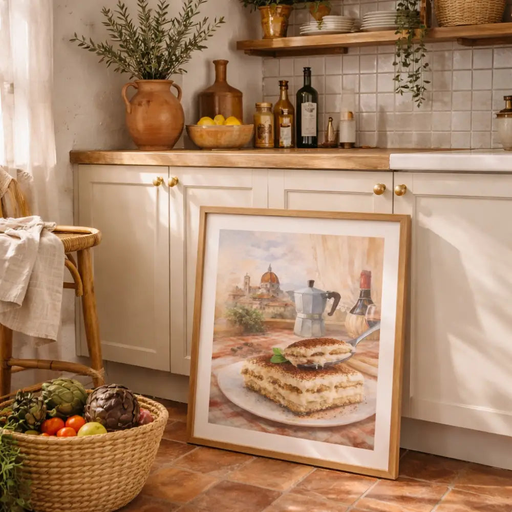 Affiche cuisine tiramisu et moka avec décoration murale cuisine lasagne en cadre blanc élégant pour déco mur cuisine