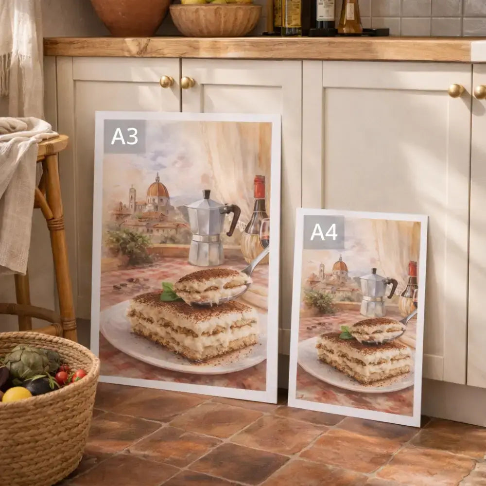 Affiche cuisine tiramisu et moka style aquarelle en formats a3 et a4 pour décoration murale cuisine et déco mur cuisine