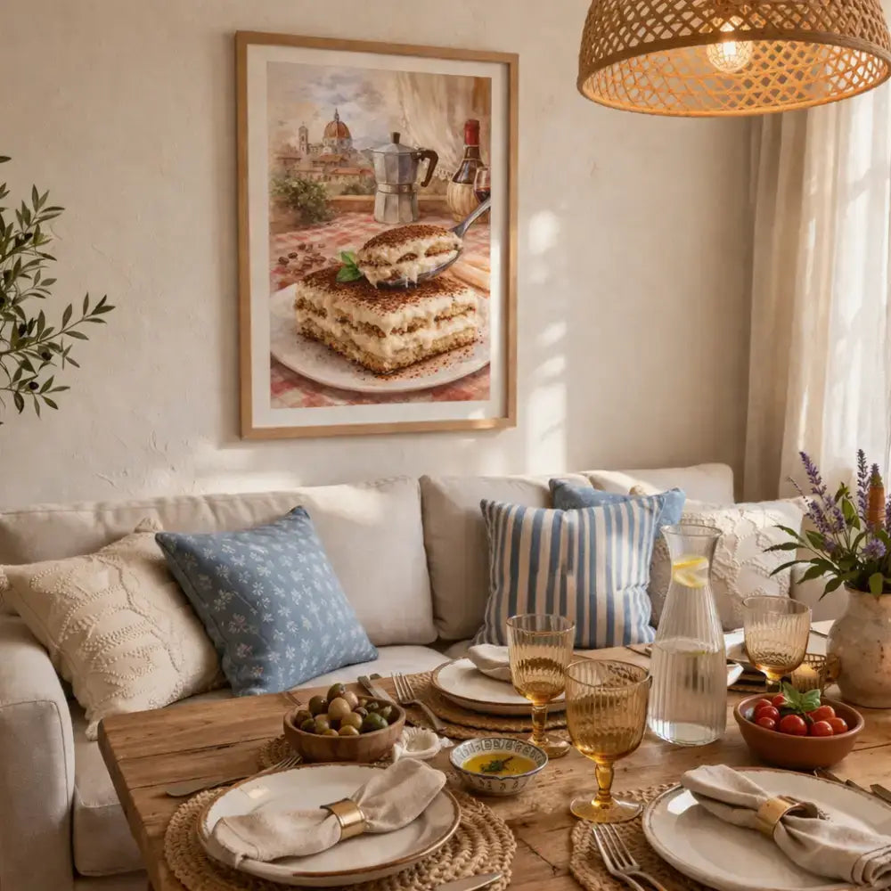 Affiche cuisine tiramisu et moka avec déco mur cuisine style aquarelle pour décoration murale cuisine élégante