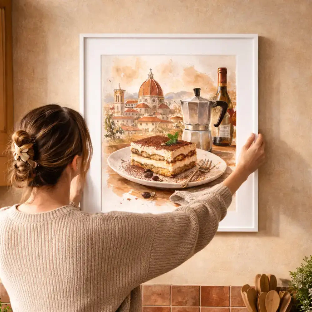 Affiche cuisine tiramisu et moka décoration murale cuisine aquarelle avec peinture cadre tiramisu moka et vue européenne